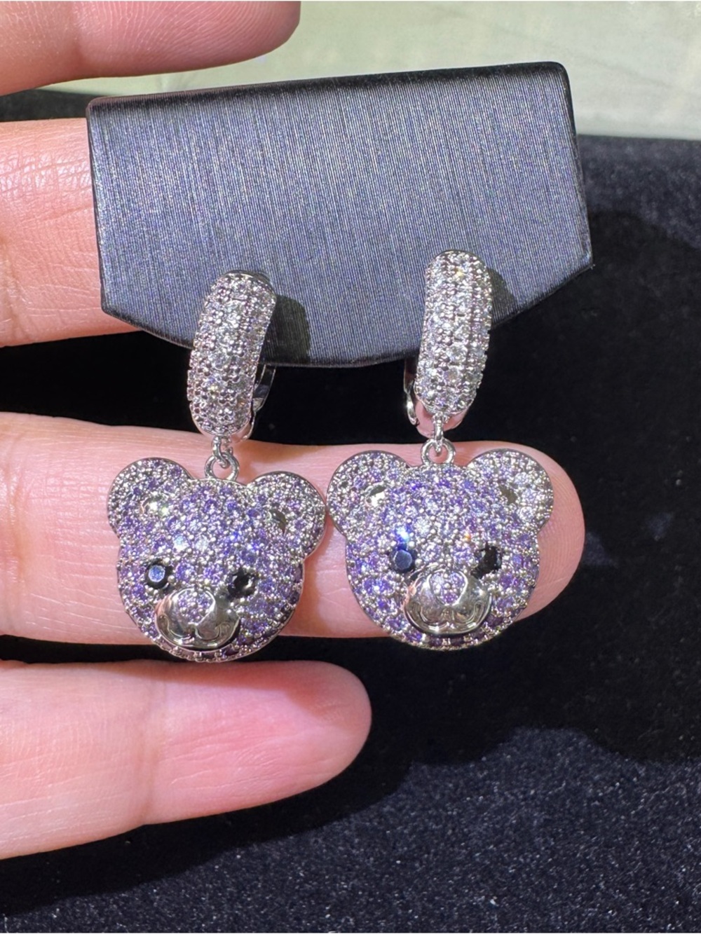 Silver-Tone Purple Crystal Bear Drop Earrings - Women Jewelry